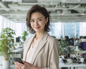 Fototapeta premium Young Japanese woman dressed in professional business attire with a gentle smile, holding a mobile phone in luxurious white office 