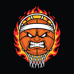 Angry basketball mascot character on fire going through the net and hoop vector illustration. © Vectonic Wave