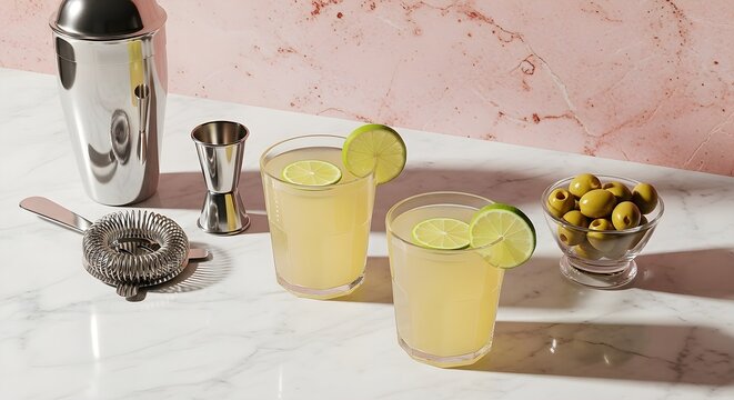 Two refreshing pale yellow cocktails garnished with lime slices sit on a marble surface with bar tools.