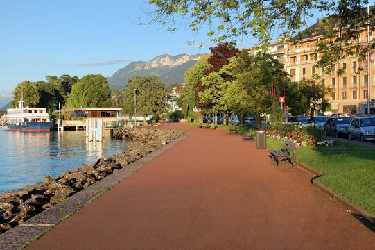Lakeside promenade in &Eacute;vian-les-Bains on the shore of Lake Geneva in France.