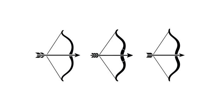 Bow with arrow aiming to the right, black icon. bow and arrow vector symbol isolated on white background. archery sign. weapon illustration