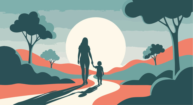 Silhouetted mother and child walk hand-in-hand on a winding path through a serene, stylized landscape, symbolizing love, guidance, and family connection.