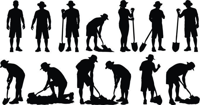 Black silhouette set of construction workers and farmers digging soil with shovels cad drawing flat vector illustration for manual labor,
