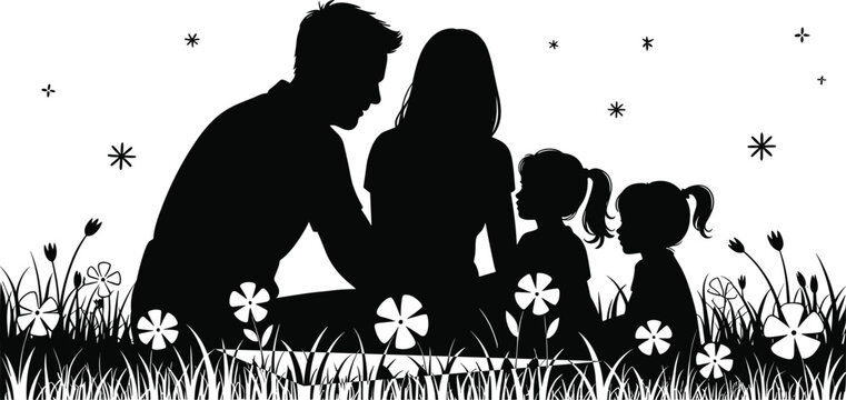 Vintage engraving illustration of family silhouettes sitting outdoors on grass with flowers plants stars night nature togetherness artwork concept