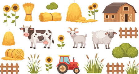 Farm Agriculture Illustration Set with Barn Tractor Cow Goat Sheep Sunflowers Hay Bales Wheat Plants and Rural Farming Elements Collection © Lota
