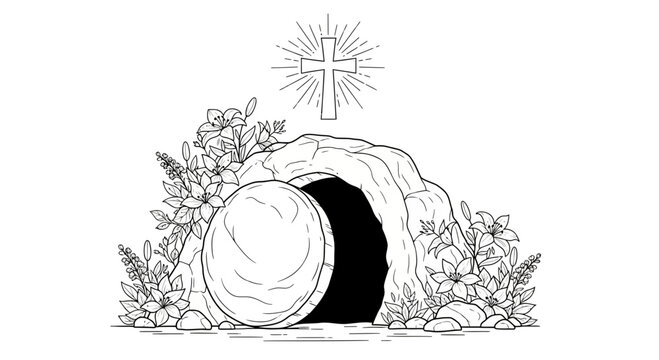 Easter Tomb Empty Stone Crucifix Symbol.