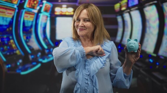 Woman holding blue piggy bank and thrusting right fist toward camera amid slot machines in casino building; saving confidence resilience.