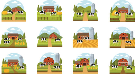 Farm landscape scenes with cows, barns and agricultural fields, rural countryside illustration collection in modern flat vector style © MdNipon