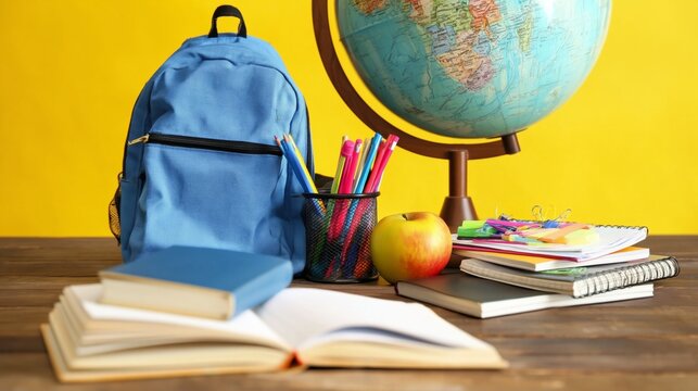 School Supplies Arranged on a Wooden Table With a Blue Backpack and a Globe