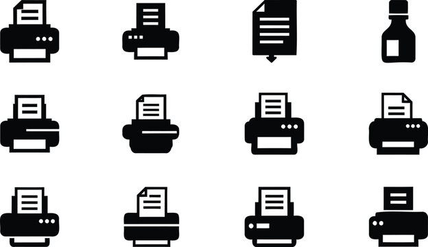 Printer Icons Set Office Equipment and Document Printing