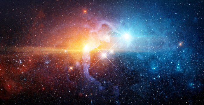 Collage, not AI. Space scene with galaxy. Panorama. Universe filled with stars, nebula and galaxy,. Elements of this image furnished by NASA.