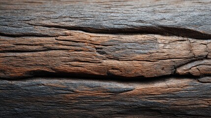 Obraz premium Weathered wood plank with deep grain, cracks and rough texture forming a rustic, aged backgroundnatural brown gray tones for vintage, organic, macro detail and patterning