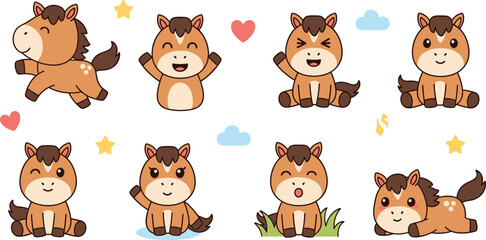 Obraz premium Cute horse cartoon characters set with playful poses and expressions, kawaii pony animals collection in soft pastel flat vector style