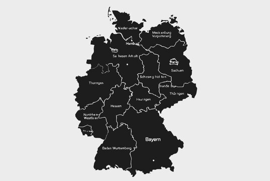 Black and white map of Germany with labeled federal states and regions