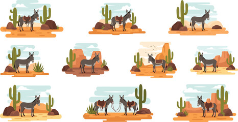 Donkey desert landscape illustrations with cactus, rocks and western scenery, burro wildlife collection in warm flat vector style © MdNipon