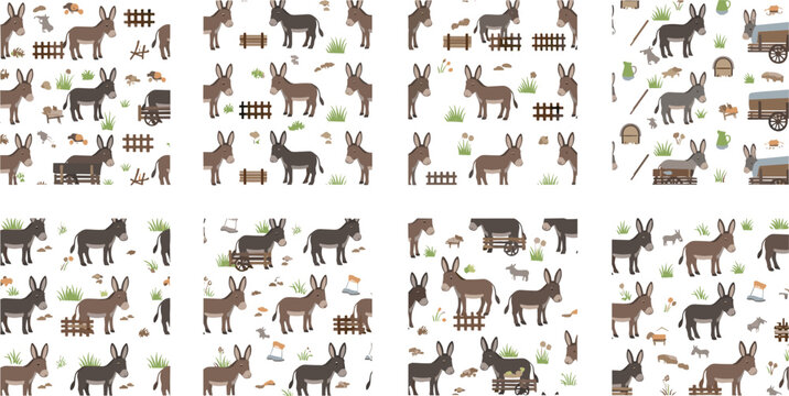 Seamless donkey pattern set with farm animals, fences and rural elements, playful countryside background collection in flat vector style