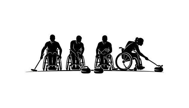 Wheelchair curling vector silhouette illustration of athletes playing sports