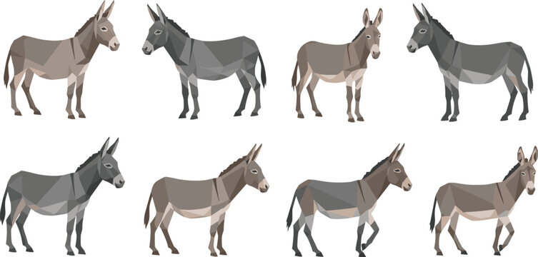 Low poly donkey illustrations collection with geometric polygon design, modern abstract burro animals in minimalist flat vector style