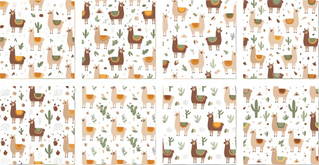 Seamless llama pattern set with cute alpaca animals, cactus and desert elements, playful nursery background collection in flat vector style © MdNipon