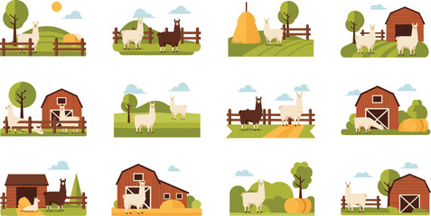 Farm landscape scenes with llamas, barns and countryside elements, rural agriculture illustration collection in modern flat vector style © MdNipon