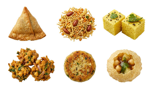 Indian street food snacks assortment featuring Samosa, Namkeen Mixture, Dhokla, Onion Pakora, Aloo Tikki, and Pani Puri on transparent background