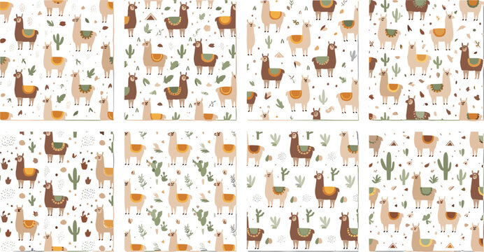 Seamless llama pattern set with cute alpaca animals, cactus and desert elements, playful nursery background collection in flat vector style