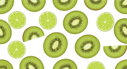 Fototapeta premium Fresh Kiwi and Lime Slice Seamless Pattern Background with Green Tropical Fruit Illustration for Packaging, Textile, Wallpaper, and Summer Design