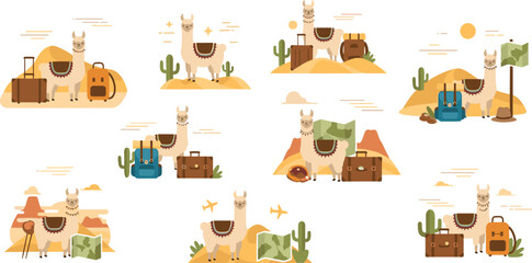 Travel llama desert illustrations with backpacks, cactus and adventure elements, cute alpaca tourism collection in warm flat vector style © MdNipon