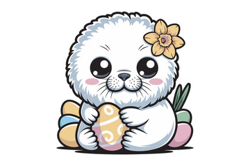 Obraz premium An adorable cartoon seal pup embraces a decorated easter egg while wearing a yellow daffodil perfect for spring designs on transparent background.