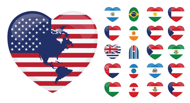 Heart shaped American flag with a blue silhouette of North and South America continent map alongside various national flags in small circles.