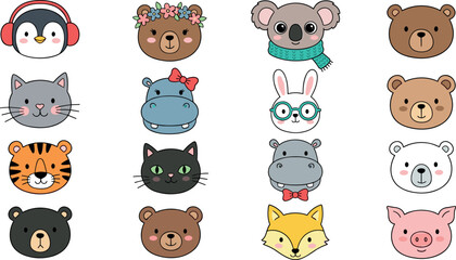 Obraz premium Cute Animal Faces Collection with Bear, Koala, Tiger, Fox, Cat, Pig, and More for Kids and Cartoon Designs