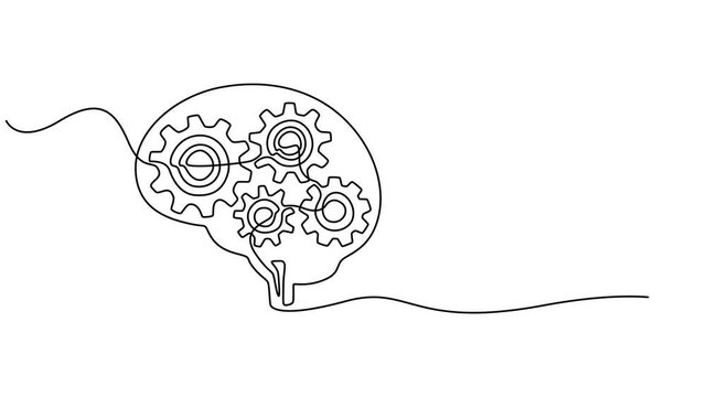 Self drawing line animation metal round wheel gear inside human brain continuous one single line drawn concept video, Full length single line animation,  wheel gear inside human brain for company logo