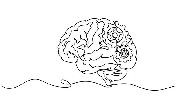 Self drawing line animation metal round wheel gear inside human brain continuous one single line drawn concept video, Full length single line animation,  wheel gear inside human brain for company logo