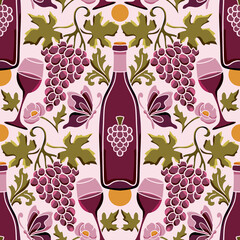 Elegant Art Nouveau wine and grapes seamless pattern with burgundy bottles glasses and butterflies for vineyard harvest and winery decor © Marie