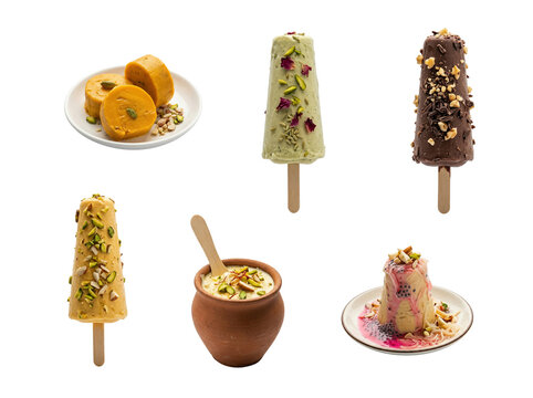 Assorted Indian Kulfi featuring Mango slices, Pistachio stick, Chocolate nut, Malai almond, Matka clay pot, and Falooda rose syrup dessert.