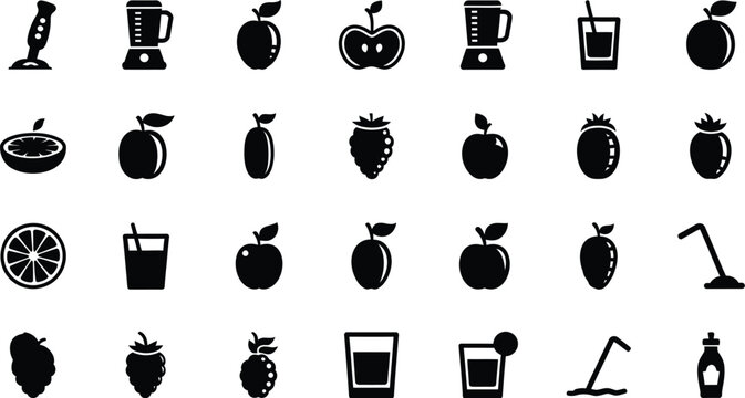 Varied set of fresh fruit, refreshing juice, and kitchen blender silhouette icons for healthy living