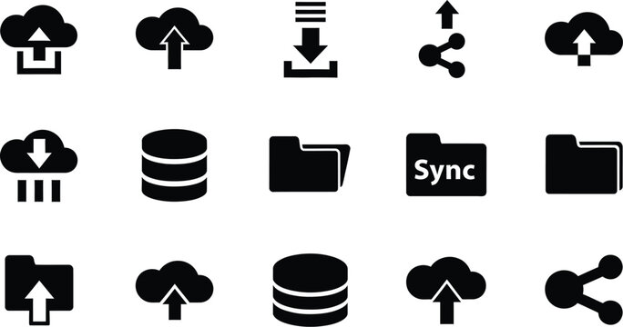 Cloud storage icon set upload download sync database sharing flat vector