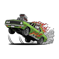 Obraz premium Green vintage muscle car performing a wheelie with fire and smoke vector illustration.