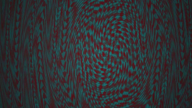 Abstract pattern of teal and red curved lines on a dark background with a spiral design