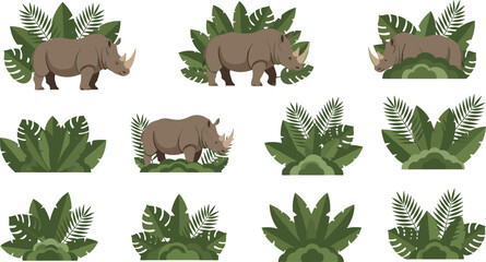 Rhinoceros with tropical jungle leaves vector illustration set featuring wildlife animal silhouettes and decorative botanical foliage elements collection © MdNipon
