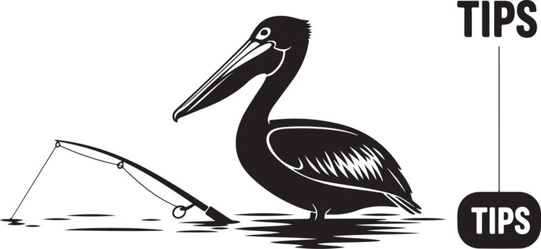 Black and white pelican standing in water with fishing rod and hook