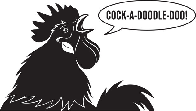 Black and white rooster says cock a doodle doo cartoon