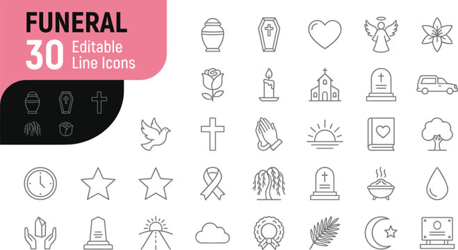 A set of 30 editable line icons related to funeral and mourning