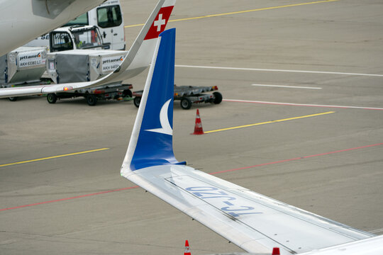 Close-up of winglet of an Ajet passenger airplane Boeing 737-800 registration TC-JZO at Swiss Z&uuml;rich Airport on an autumn day. Photo taken September 25th, 2025, Zurich Airport, Switzerland.