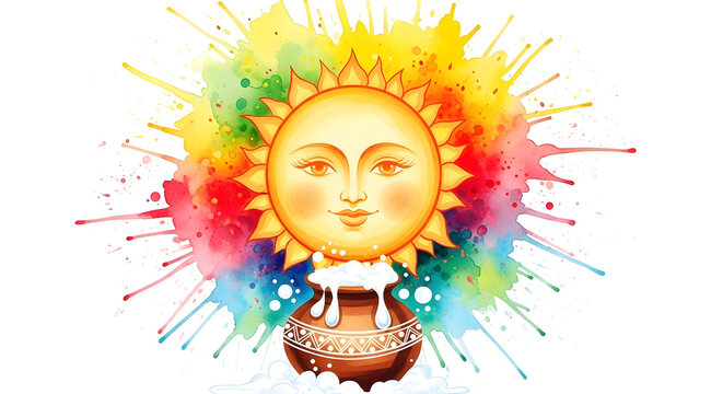 A Water Color Sinhala and Tamil New Year -sun face and clay pot & boiling milk, soft brush strokes, splashes paint , warm colors, modern watercolor vector