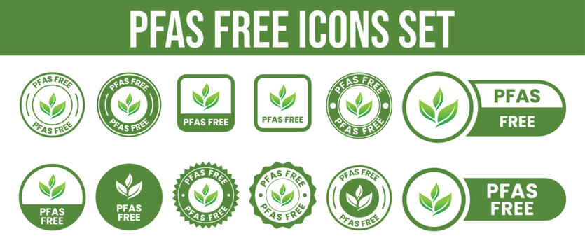 A collection of green pfas free icons displaying leaves and circular designs emphasizing eco friendly standards silhouette high quality professional detailed modern elegant