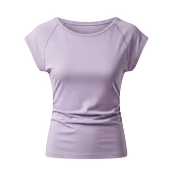Lavender short-sleeved women's t-shirt with crew neck and ruched detail isolated on transparent background