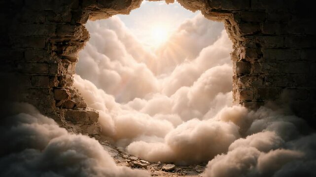 clouds emerging from a broken wall with sunlight shining through