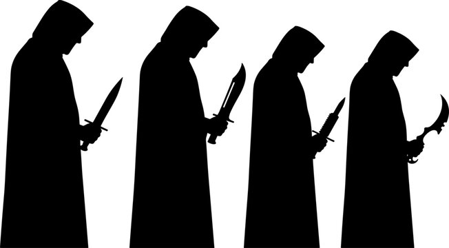 Hooded figures holding knives, weapon silhouettes, dagger and blade designs, curved scimitar style, dark mysterious illustration, dangerous concept artwork, modern design