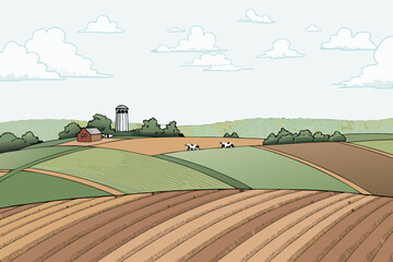 Peaceful farmland scene featuring cows a silo and rolling green hills © Bipul